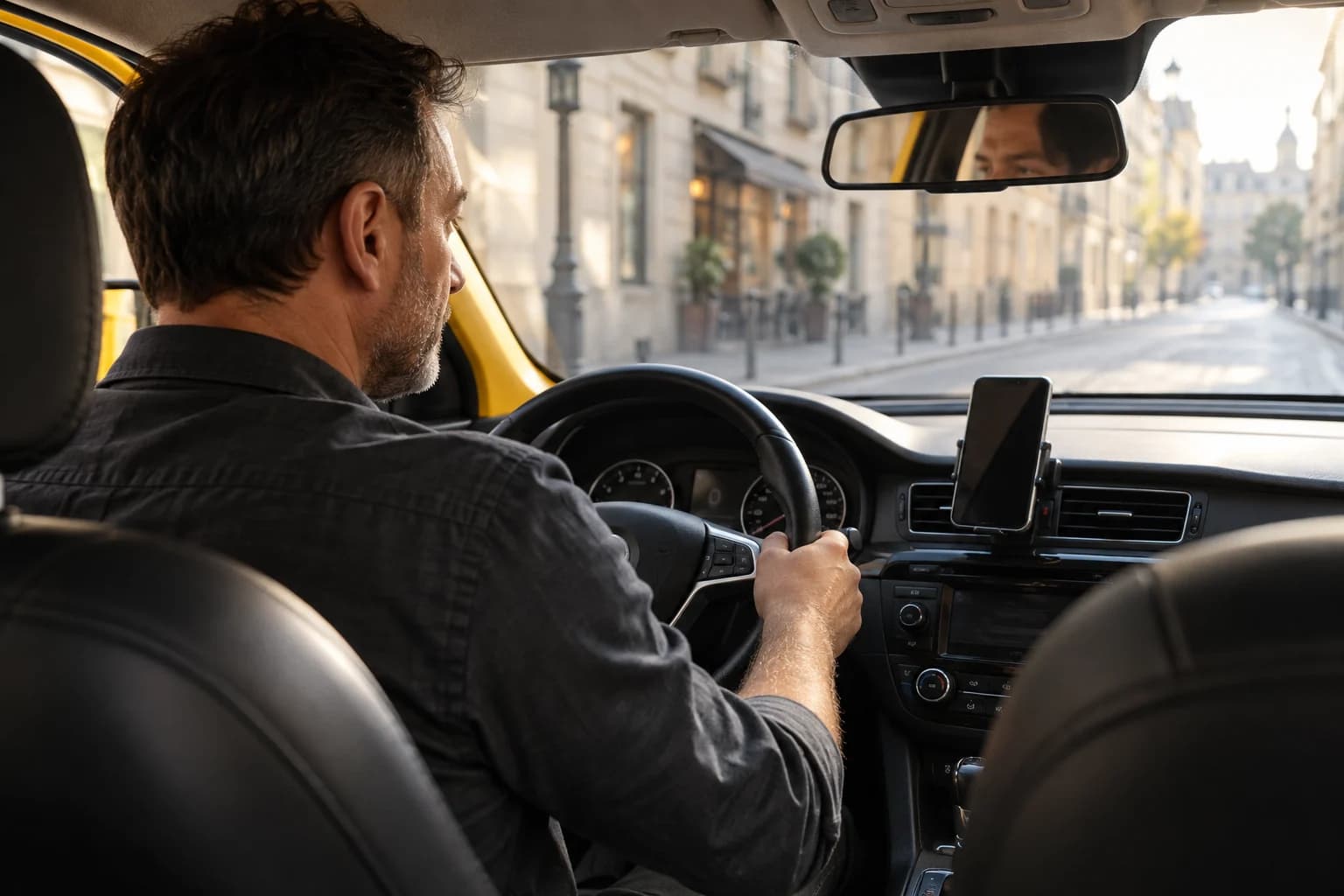 Inside a yellow taxi, a driver and dashboard-mounted phone in a real working environment